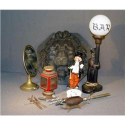 BOX LOT WITH PLASTER LION'S HEAD, LAMP, ETC.