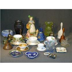 TRAY LOT W/ BELLS, WEDGWOOD BOX, ETC