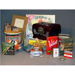 SMOKER'S LOT INCL TOBACCO TINS, LIGHTERS, ETC