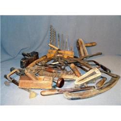 BOX LOT PF PRIMITIVE HAND TOOLS, INCL LABELED DRAW