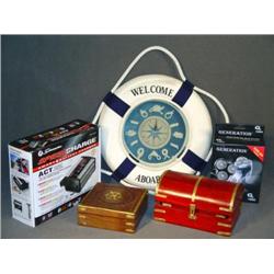 BX LOT W/ NAUTICAL CLOCK, BATTERY CHARGER, ETC