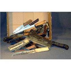 BOX LOT KNIVES, RAZORS, MEAT CLEAVER, ETC.