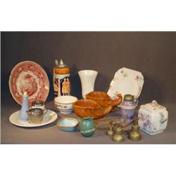 TRAY LOT W/ POTTERY VASES, STEIN, EGG CODDLER, ETC