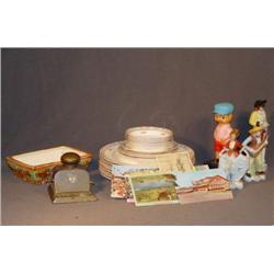 BX LOT W/ BRASS INKWELL, PORCELAIN FIGURINES, ETC