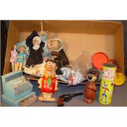 BOX LOT DOLLS, OLD BUILDING BRICKS, ETC.