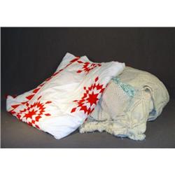 BOX LOT WITH CROCHETED BEDSPREAD, PATCHWORK QUILT