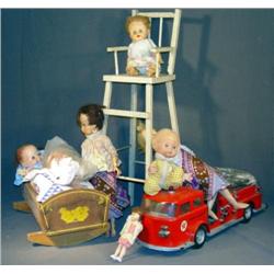 BOX LOT WITH TEXACO FIRE TRUCK, DOLLS, ETC.