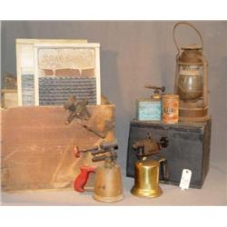 WOODEN CRATE WITH WASHBOARDS, LANTERNS, ETC.