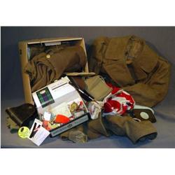 LOT OF OLD MILITARY CLOTHING, BAYONET, HOLSTERS, E