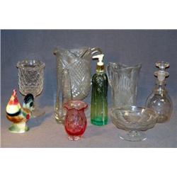 TRAY LOT W/ 3-RING-NECK DECANTER, PATTERN GLASS PI
