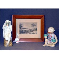 HARBOR SCENE PRINT W/ 2 MONKEY FIGURES