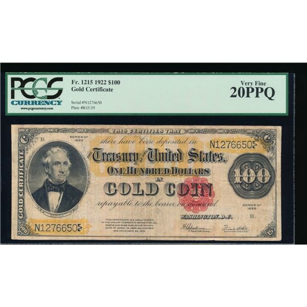 1922 $100 Gold Certificate PCGS 20PPQ
