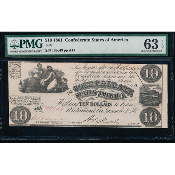 1861 $10 T-28 Confederate PMG 63EPQ