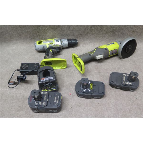 Ryobi P4221TH Angle Grinder & P250 Drill Driver w/ One+ Batteries