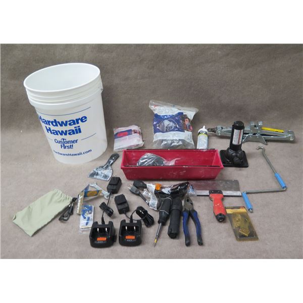 Bottle & Floor Jack, HYT Rapid Chargers, Tools, etc in Bucket