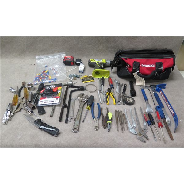 Multiple Hand Tools: Wrenches, Screwdrivers, Pliers, etc w/ Ryobi P271 Drill in Case