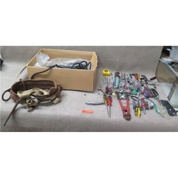 Multiple Hand Tools: Wrenches, Screwdrivers, Bolt Cutters, etc & Box Black Rope