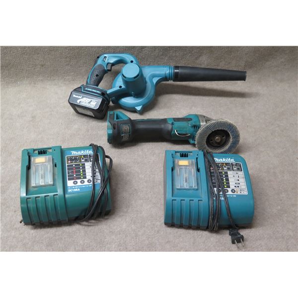 Makita DUB182 Blower, XAG03 Angle Grinder, DC18RA Charger, etc