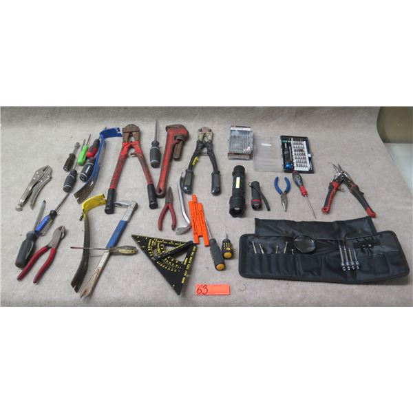 Multiple Hand Tools: Bolt Cutters, Pry Bar, Pliers, Bit Sets, Pipe Wrench, Drivers, etc