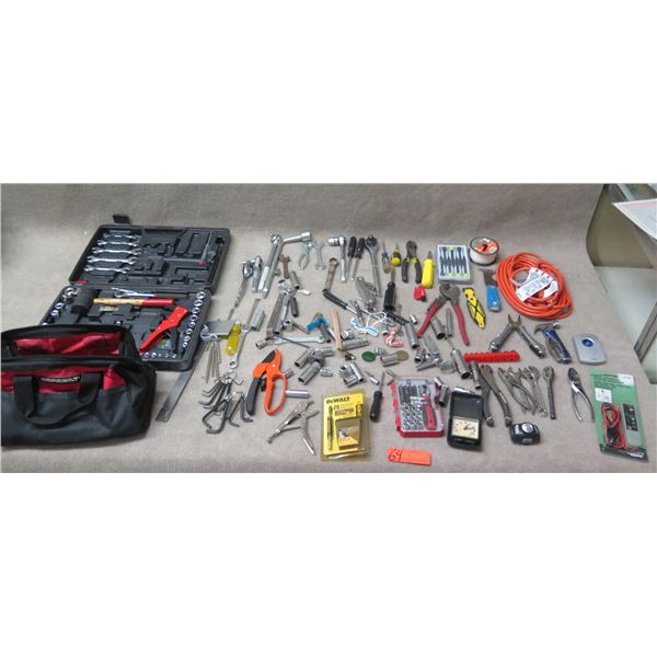 Multiple Hand Tools:  Wrenches, Pliers, Ratchets & Sockets, Extension Cord, etc in Case