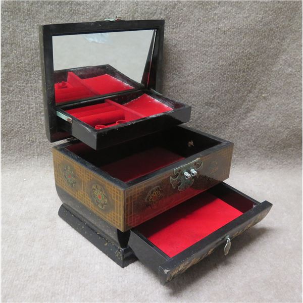Asian Motif 3-Tier Jewelry Box w/ Red Interior 10"L x 6"H