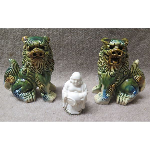 Qty 2 Foo Dog Guardian Lions 6"H & Buddha Figure