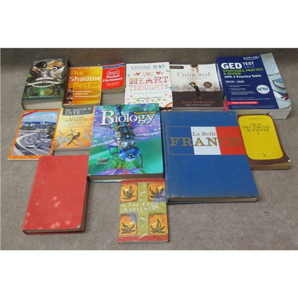 Multiple Books: Dictionary, Heart Thoughts, GED Test, La Belle France, etc