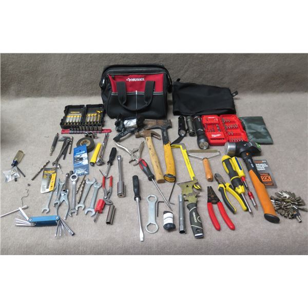 Multiple Hand Tools:  Wrenches, Pliers, Hammers, Lights, Bits, etc in Case