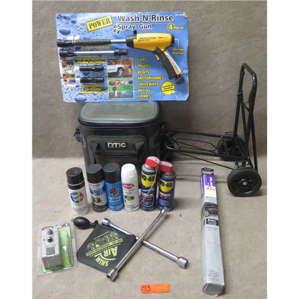 Power Wash-N-Rinse Spray Gun, RTIC Case, Misc Spray Paint, Tire Iron, Rolling Cart, etc