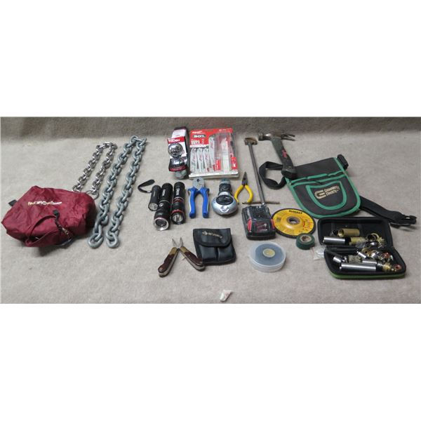 Multiple Hand Tools: Hammer, Pliers, Flashlights, Chains, Sockets, Saw Blades, etc