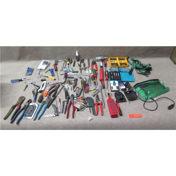 Multiple Hand Tools: Humidity Meter, Hammers, Pliers, Wrenches, Bits, Drivers, etc