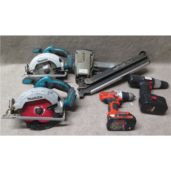 Qty 2 Makita BSS611 Circular Saws, Paslode 5300 Nailer, Black & Decker LDX120 Drill, etc