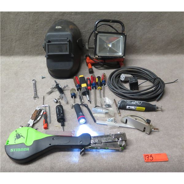 Welding Helmet, Stinger Stapler, Dremel 7760 Rotary Tool, Lights, Misc Hand Tools, etc