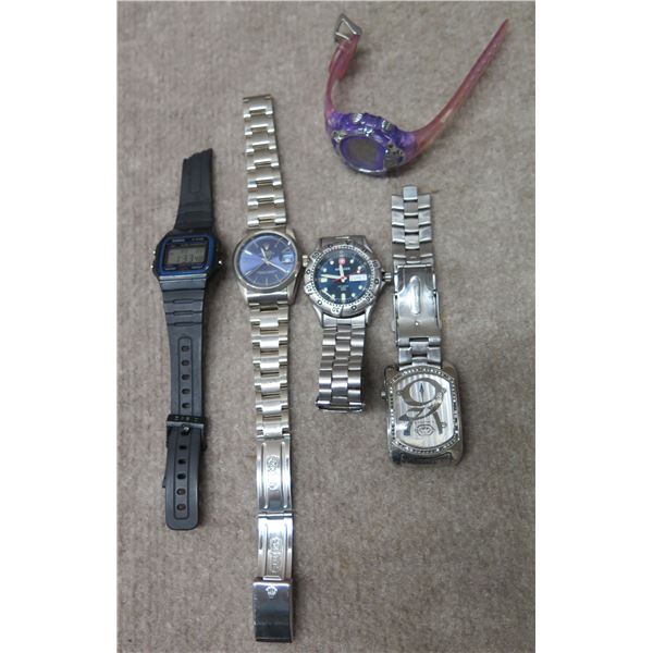 Qty 5 Watches:  2 Digital w/ Plastic Straps, 3 Analog w/ Metal Straps
