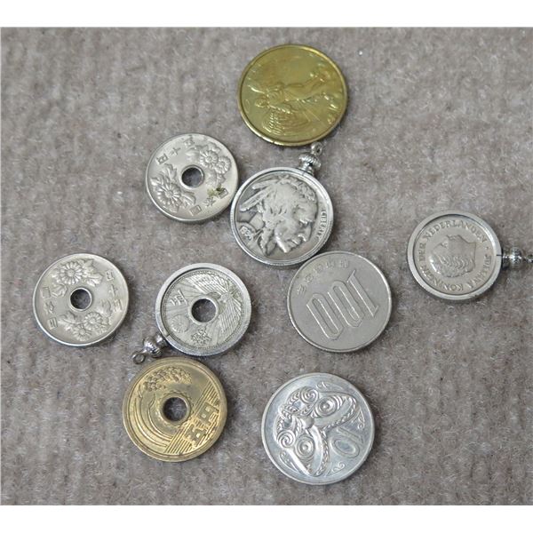 Qty 9 Coins: Indian Head, Yen, etc (3 mounted to pendants)