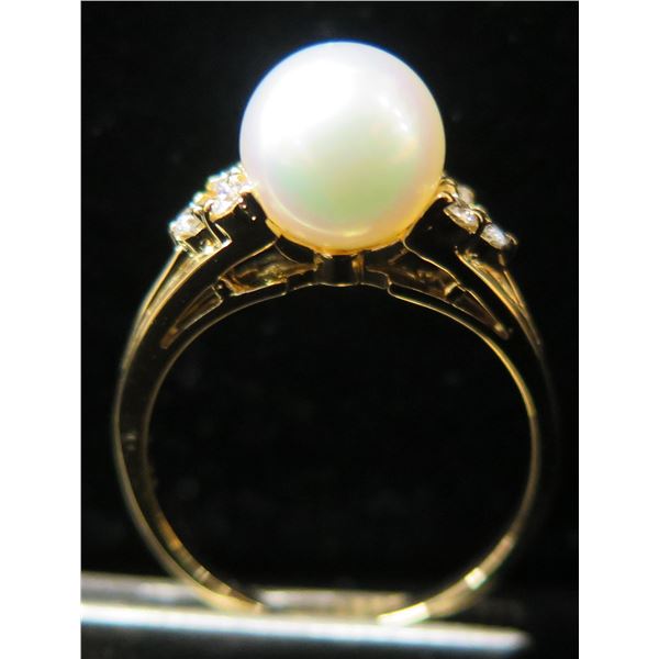 Gold 14K Solitaire Pearl Ring w/ Diamond Accents 3.07g Size 6