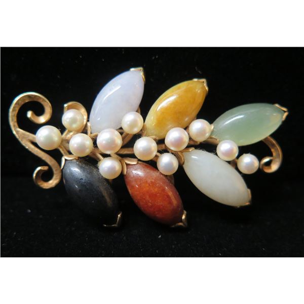 Ming's Gold 14K Brooch w/ Stone Leaves & Pearl Accents 15.08g (57mm)