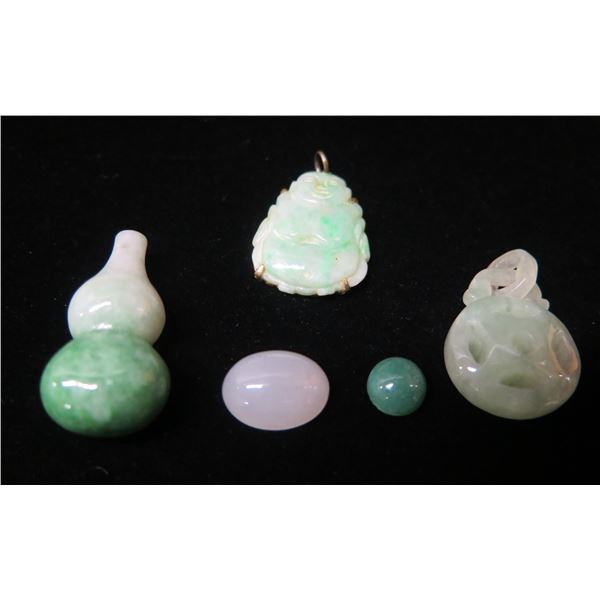 Qty 3 Carved Green Pendants & 2 Loose Stones, Misc Sizes