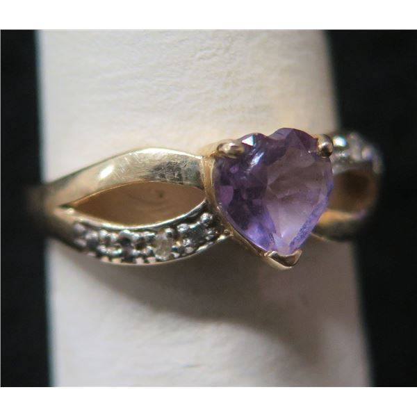Gold 10K Ring w/ Purple Heart & Diamond Accents 1.28g Size 7.5