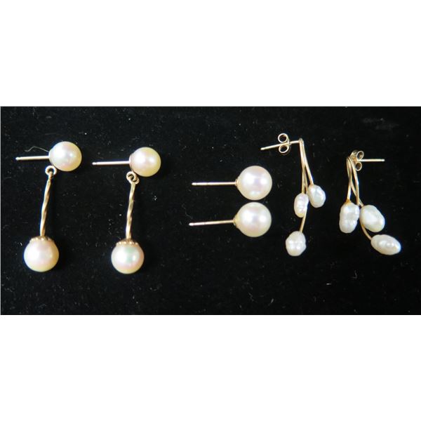 Qty 3 Pair Gold 14K w/ Pearl Pierced Earrings 4.56g