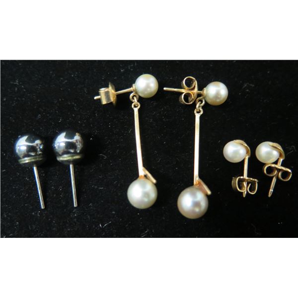 Qty 2 Pair Gold 14K w/ Pearl Pierced Earrings & Metal Studs 3.98g