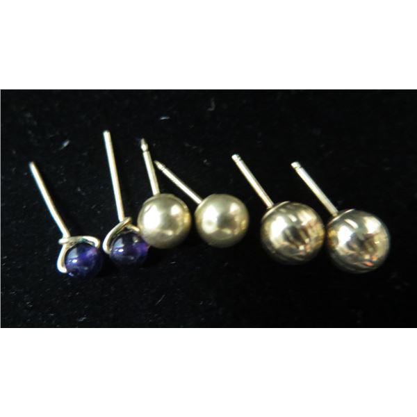 Qty 2 Pair Gold 14K Ball Pierced Earrings & 10K Purple Studs 1.11g