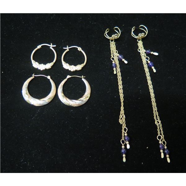 Qty 2 Pair Gold 10K Hoop Earrings & 1 Dangle Clip-Ons 6.67g