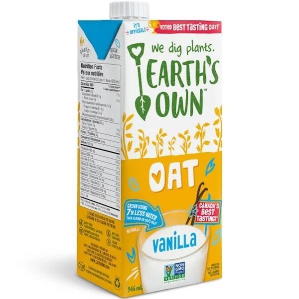 6/$7.00 - EARTH'S OWN OAT MILK, UNSWEETENED, VANILLA FLAVOURED 946ML (EACH)