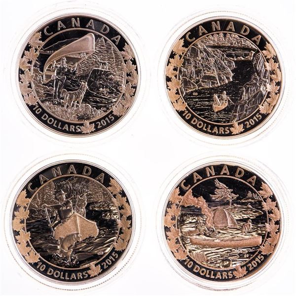 Group of 4 Canada .9999 Fine Silver $10 Coins - Canoe Across Canada