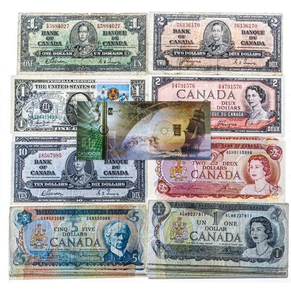 All Canadian Notes Canada, Bank Note Collection - 71 Notes, 1 .999 Fine Gold Bar in a ...