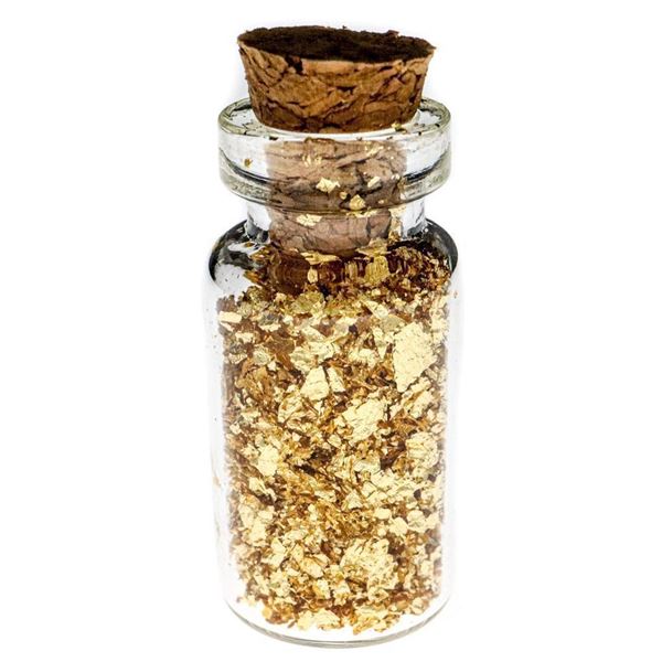 Assayers Glass Jar Filled With .9999 Fine 24kt Gold Leaf Flakes
