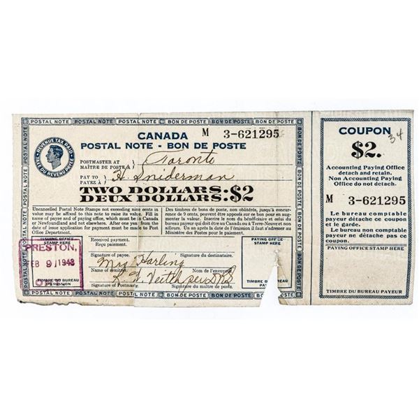 Canada Postal note Two Dollars Dated Feb. 1943