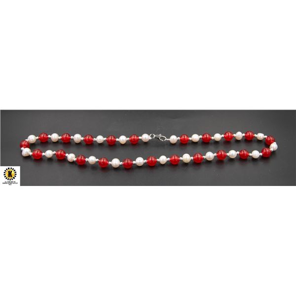 #217-FRESH WATER PEARL & RED  JADE NECKLACE 17"