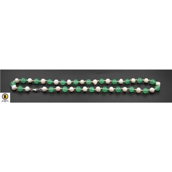 #203- FRESH WATER PEARL & GREEN JADE NECKLACE 17"